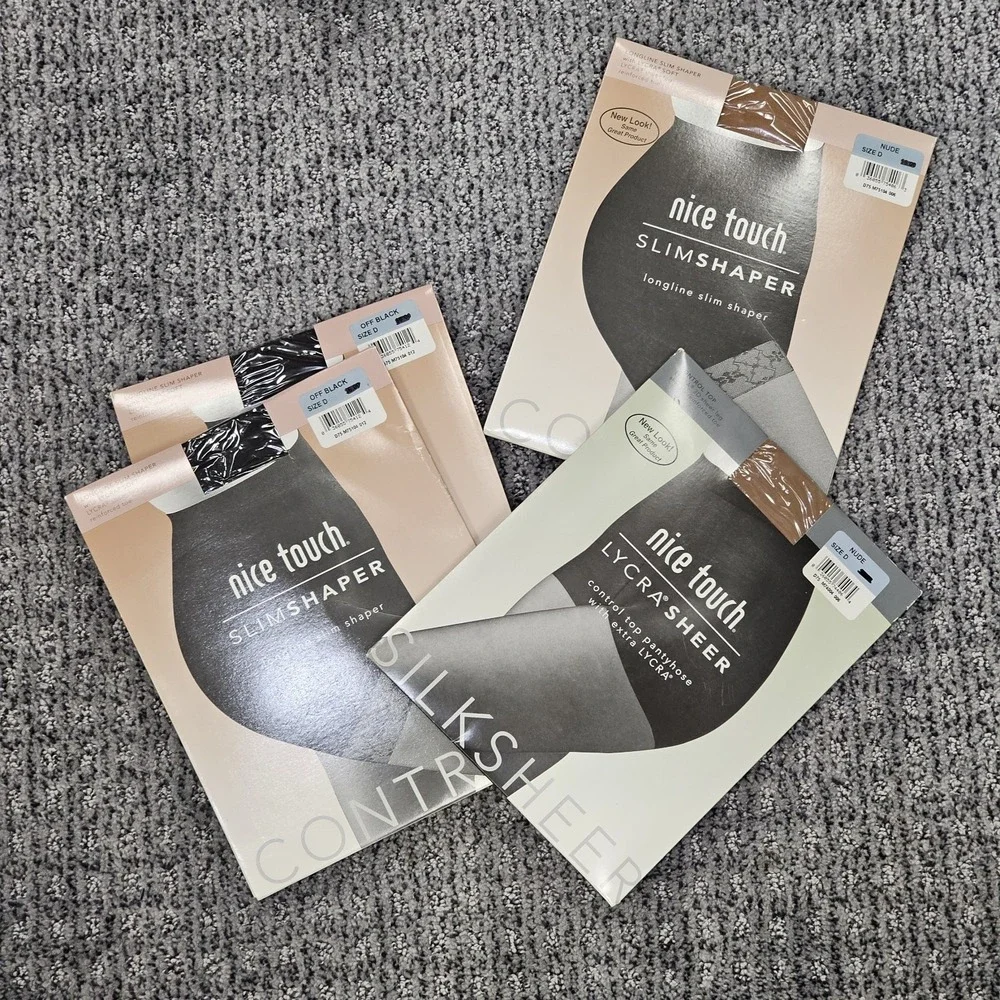 Vtg. Sears Nice Touch 1 Lycra Sheer & 3 Slim Shaper Pantyhose Size D Lot of 4